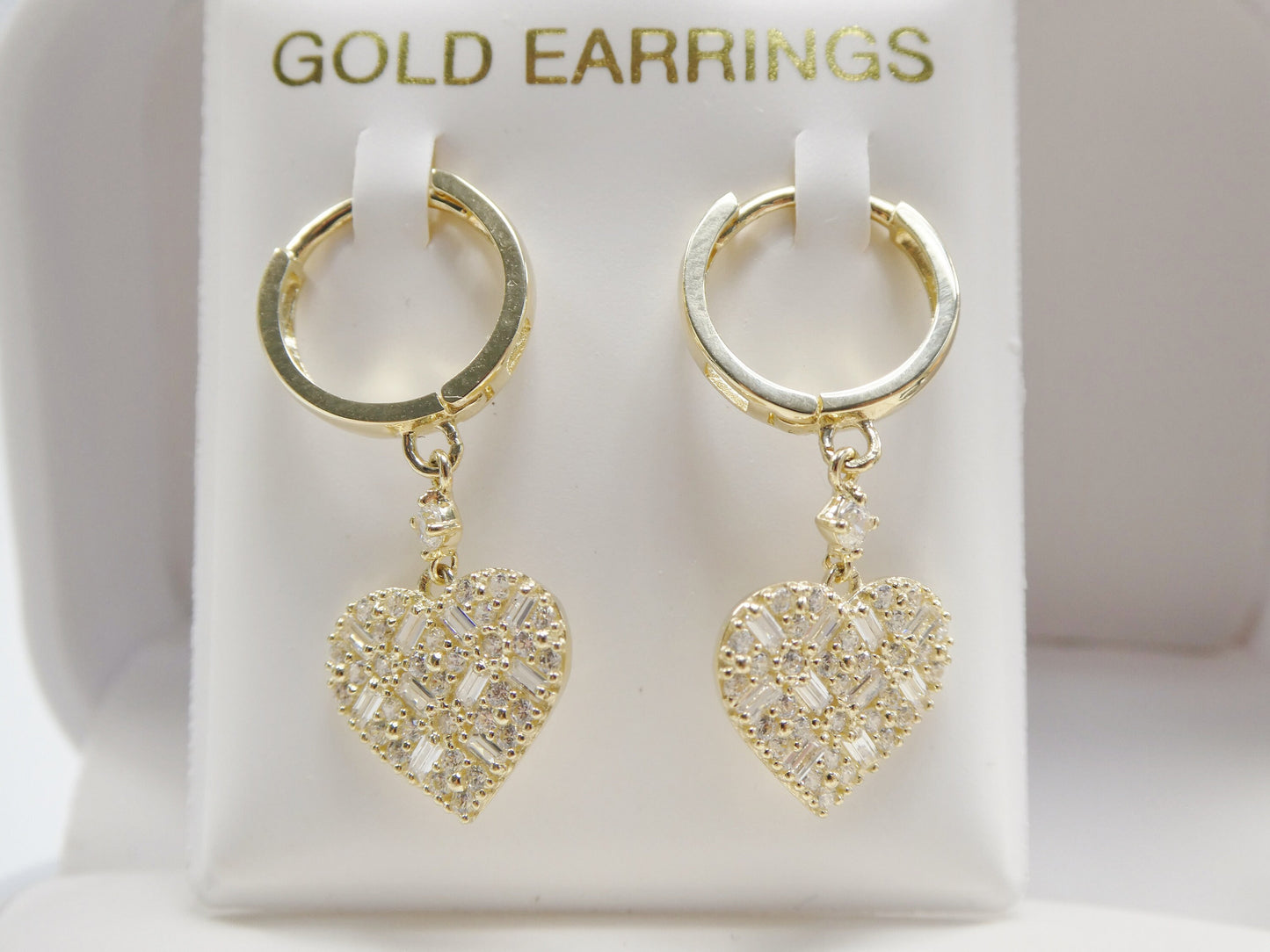 real 10k solid yellow gold dangle heart baguette setting hoop huggie earrings