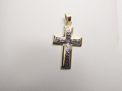 14k Real Solid Yellow Gold Two Tone Cross Pendent and Robe Necklace
