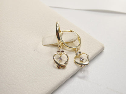 Real 10k Solid Yellow Gold Designer Heart Dangling Hoop Huggie Earrings