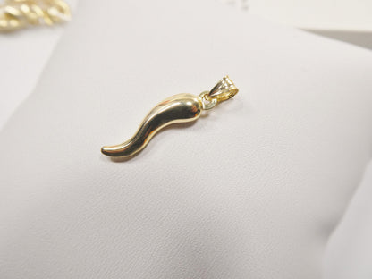 14k Real Solid Yellow Gold Horn Pendent & Flat Cable Necklace