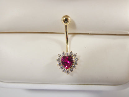 14k Real Solid Yellow Gold Color Stone Heart Belly Button Ring Piercing