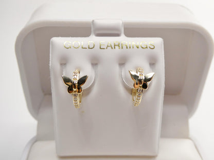 Real 10k Solid Yellow Gold Designer Butterfly Hoop Huggie Earrings