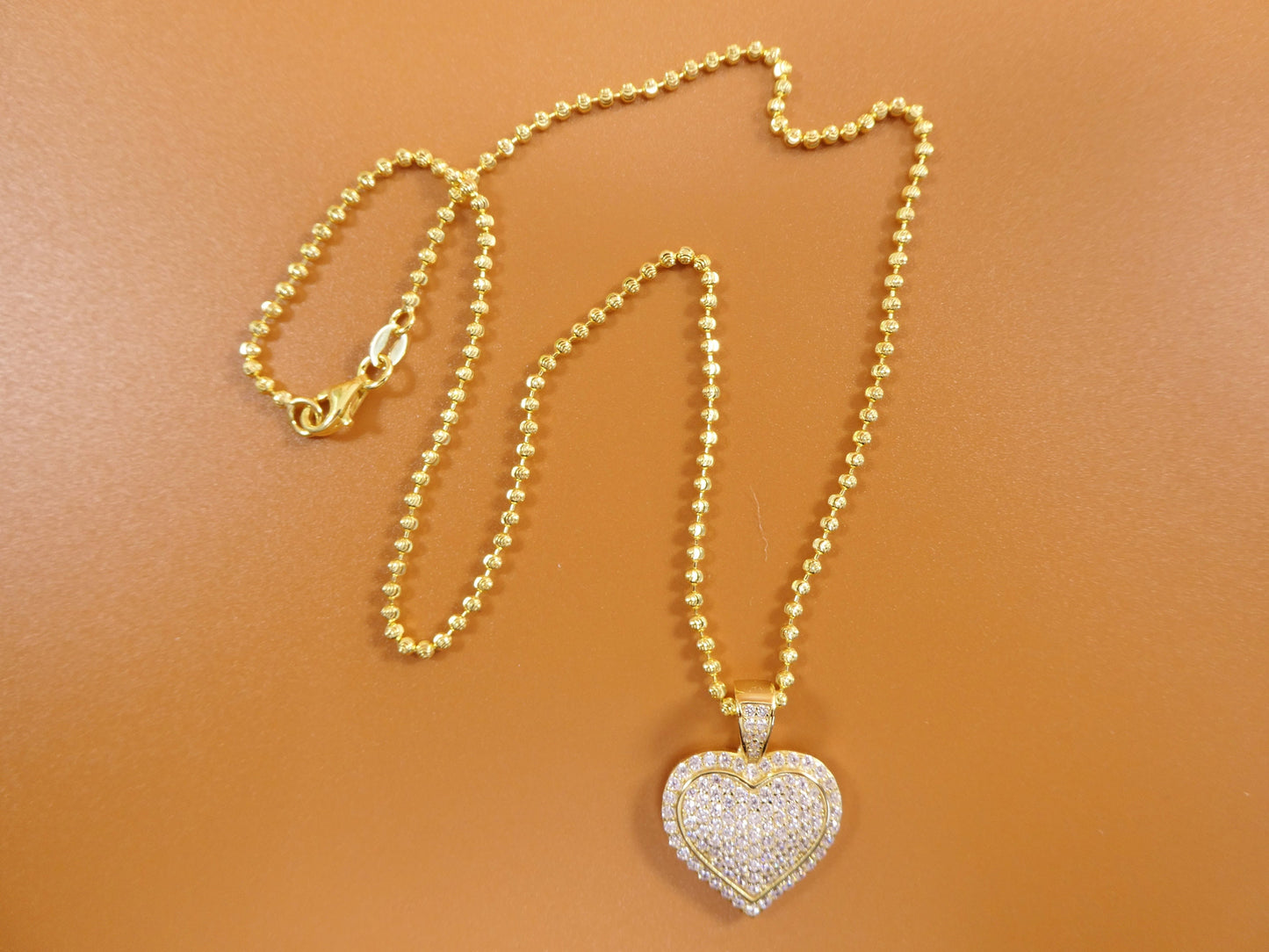 14k yellow color tone moon cut chain and heart over real 925 sterling silver