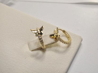 Real 10k Solid Yellow Gold Designer Butterfly Hoop Huggie Earrings