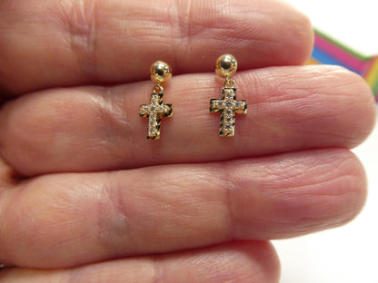 Real 10k Solid Yellow Gold Cross Dropping Push Post Earrings
