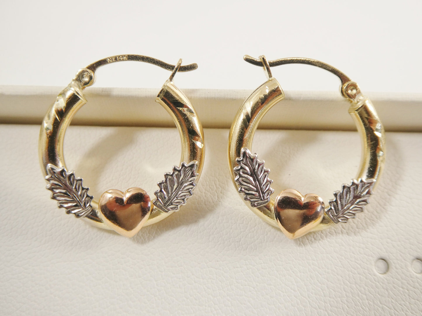 14K Solid Gold Hoop Earrings: Tri-Color Heart Center, 20/25mm