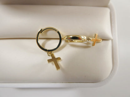 Real 10k Solid Yellow Gold Cross Dropping Hoop Huggie Earrings