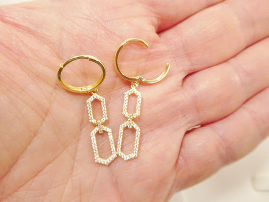 real 10k solid yellow gold paperclip dangling hoop huggie earring
