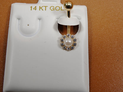 14k Real Solid Yellow Gold Freshwater Pearl Belly Ring