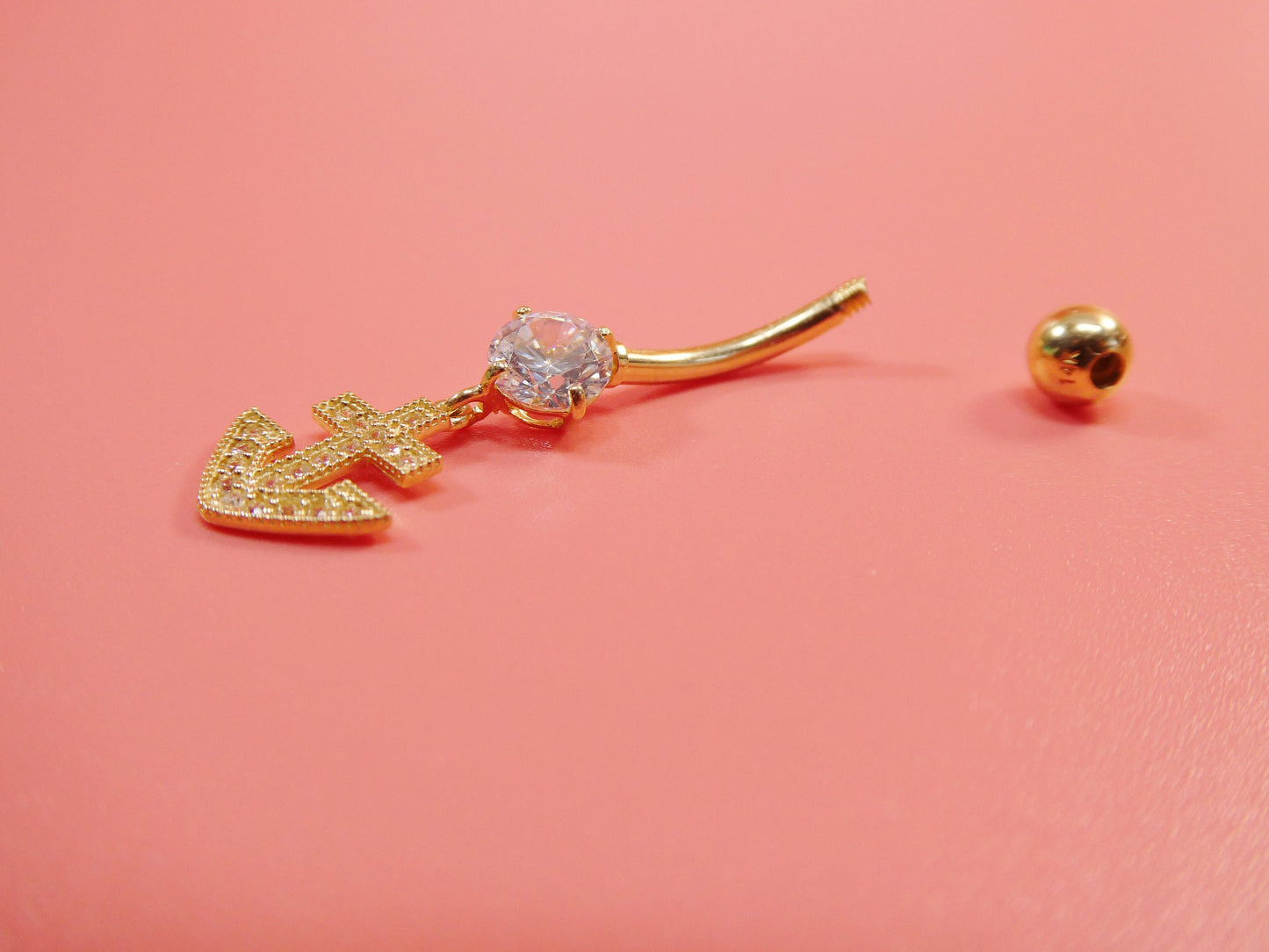 14k real solid yellow gold dangling anchor belly button ring piercing