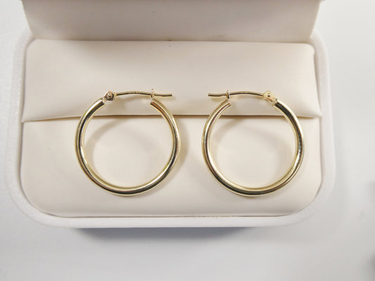14K real solid yellow gold 2mm / 22mm round hoop earring snap closure high polish finish