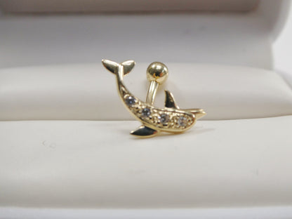 14k Real Solid Yellow Gold Fish Shape Belly Button Ring Piercing