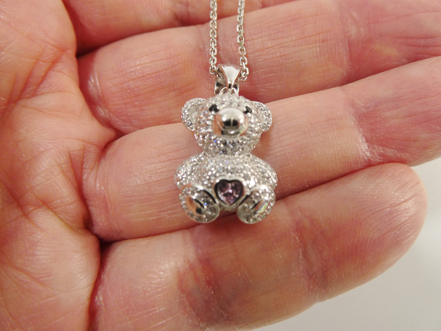 925 sterling silver teddy bear pink stone set chain and pendent