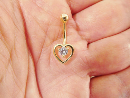 14k Real Solid Yellow Gold Heart Belly Button Ring Piercing