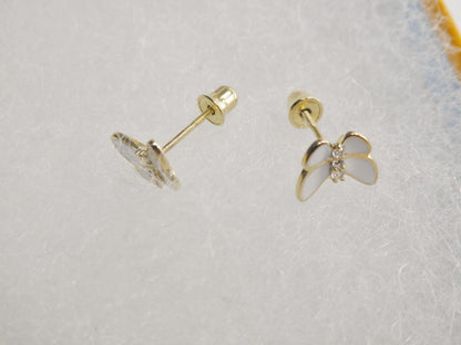 Real 10k Solid Yellow Gold White Enamel Butterfly Screw Back Earrings