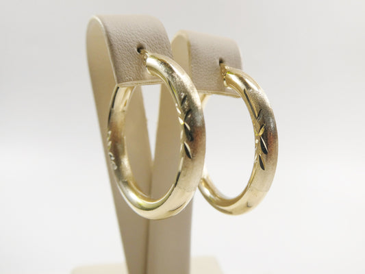 14K real solid yellow gold 4mm round hoop earring snap closure diamond cut finish