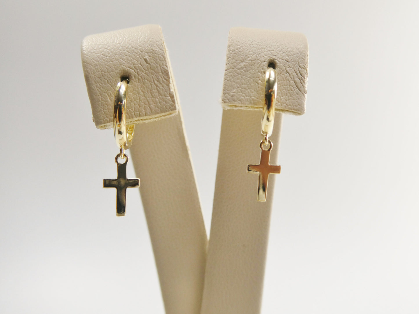 real 10k solid yellow gold hoop huggie dangle plain cross earrings