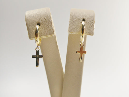 real 10k solid yellow gold hoop huggie dangle plain cross earrings