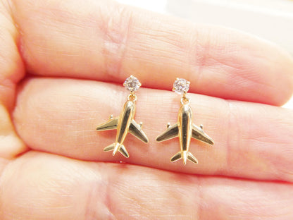 Real 10k Solid Yellow Gold Plane Dangling Push Post Earrings