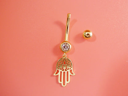 14k Real Solid Yellow Gold Dangling Hamsa Hand Belly Button Ring Piercing