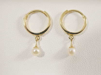 Real 10k Solid Yellow Gold Dangling Cultured Freshwater Pearl Plain Hoop Huggie Earrings