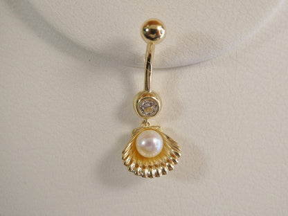 14k Real Solid Yellow Gold Freshwater Pearl Shell Belly Button Ring Piercing