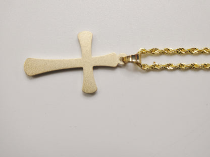 14k Real Solid Yellow Gold Super Polish Cross Pendent and Robe Necklace
