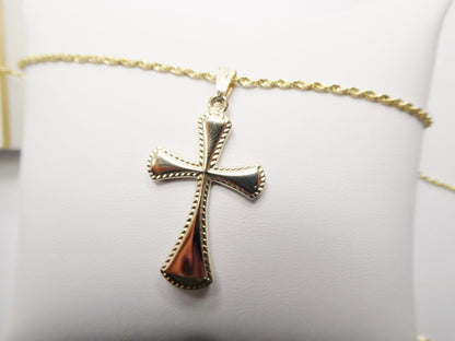 14k Real Solid Yellow Gold Super High Polish Cross Pendent and Robe Necklace