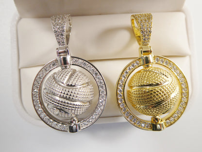 Real 925 Sterling Silver Basket Ball Charm Pendent 14k Yellow Gold Finish