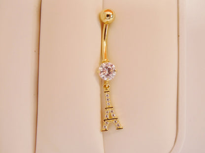 14k Real Solid Yellow Gold Eiffel Tower Belly Button Ring Piercing