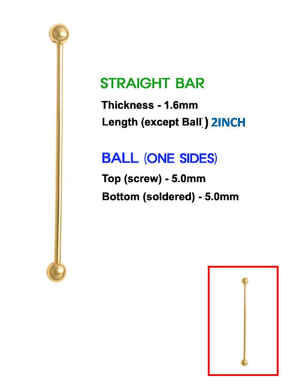 14k Real Solid Yellow Gold 60mm Straight Barbell Tongue Belly Button Ring Piercing