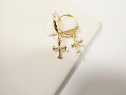 Real 10k Solid Yellow Gold Cross Dropping Hoop Huggie Earrings