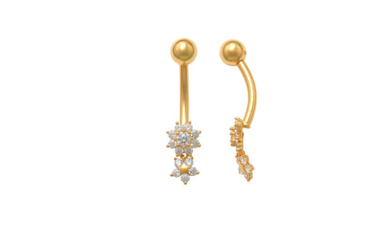 14k Real solid Yellow Gold Flower Bar Belly Button Ring Piercing