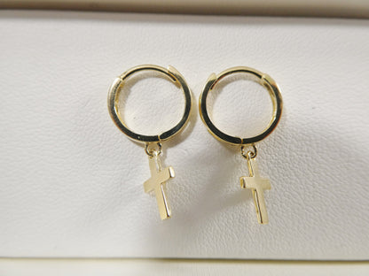 Real 10k Solid Yellow Gold Cross Dropping Hoop Huggie Earrings