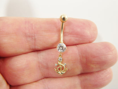 14k Real Solid Yellow Gold Anchor Dangling Belly Button Ring Piercing