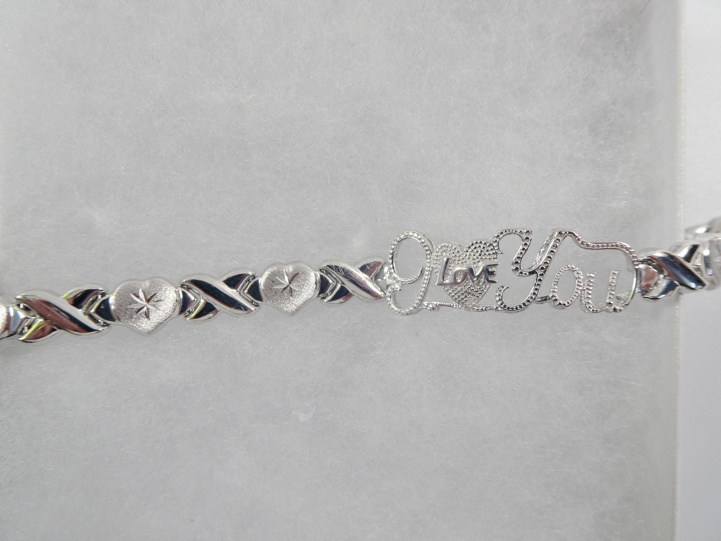 Sterling Silver I Love You XO Bracelet - 14k White Gold Finish