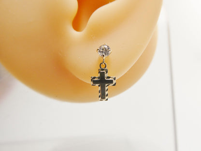 Real 10k Solid Yellow Gold Cross Dropping Push Post Earrings