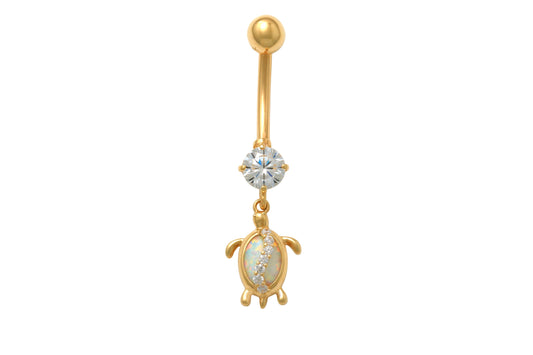 14k real solid yellow gold mother of pearl turtle belly button ring piercing