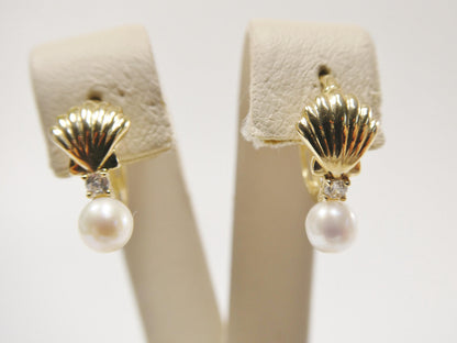 Real 10k Solid Yellow Gold Shell Cultured Freshwater Pearl Plain Hoop Huggie Earrings