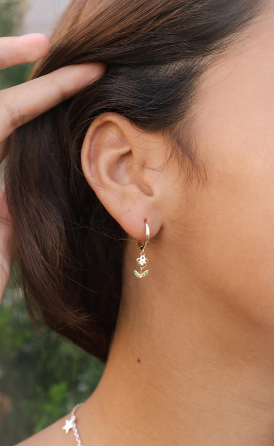 real 10k solid yellow gold drop leaf huggie earring