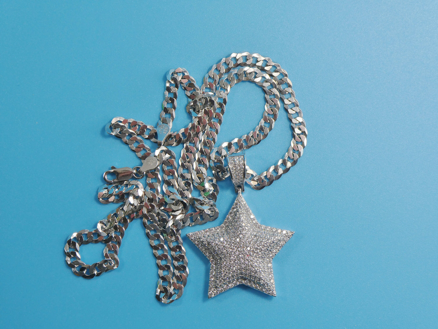 14k white gold color tone chain and large star charm pendent over real 925 sterling silver