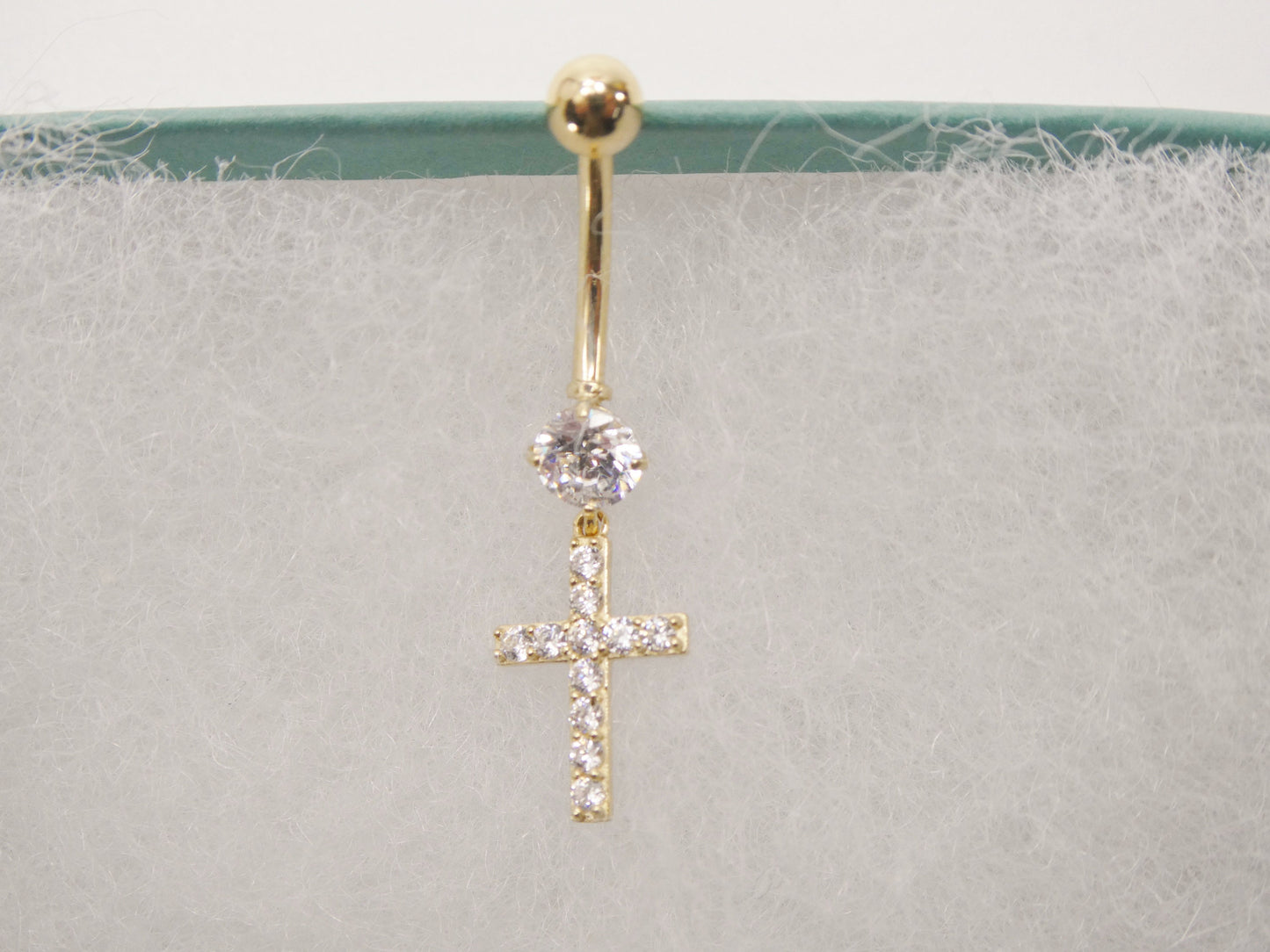 14k real solid yellow gold dangling cross belly button ring piercing