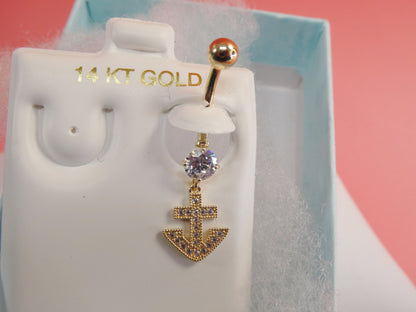 14k Real Solid Yellow Gold Dangling Anchor Belly Button Ring Piercing