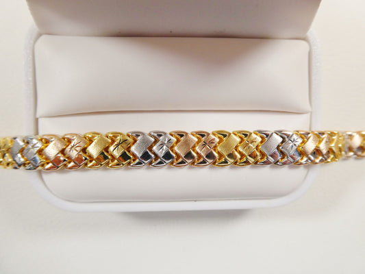 8 inch basket STAMPATO bracelet tri color tone 14k yellow gold color finish over real 925 sterling silver