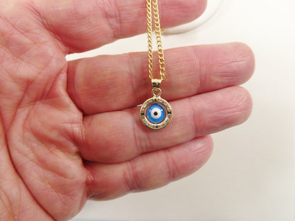Real 14k Solid Yellow Gold 16 Inch Curb Chain and Evil Eye Pendent Charm