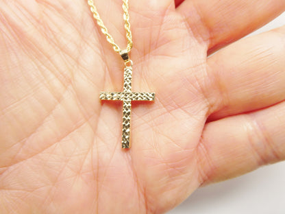 14k Real Solid Yellow Gold Diamond Cut Cross Pendent and Robe Necklace