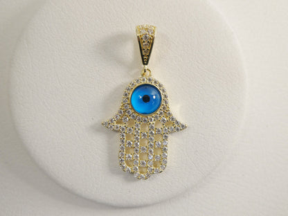 14k Real Solid Yellow Gold Full Stone Setting Evil Eye Hamsa Charm Pendent
