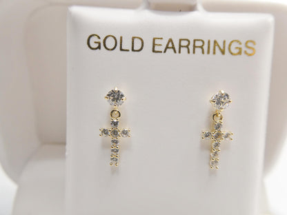 Real 10k Solid Yellow Gold Cross Dropping Push Post Earrings