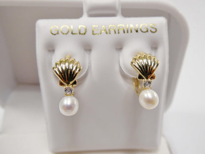 Real 10k Solid Yellow Gold Shell Cultured Freshwater Pearl Plain Hoop Huggie Earrings