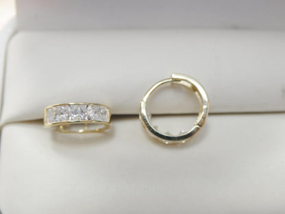 Real 10k Solid Yellow Gold Square-cut Stone Hoop Huggie Earrings